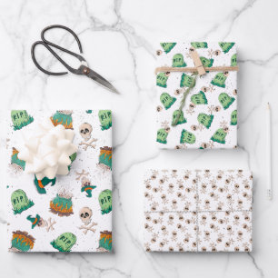 Spooky Skulls and Tombstones Halloween Wrapping Paper Sheets