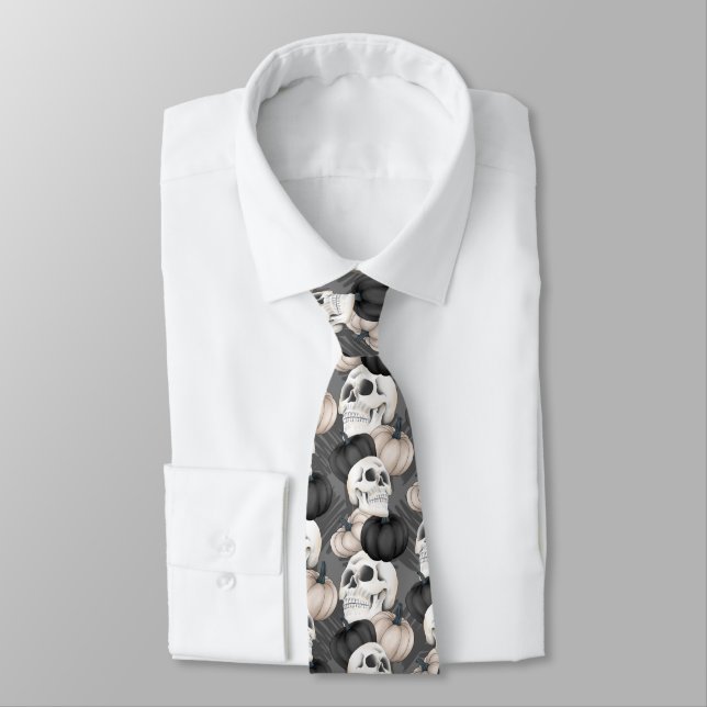 spooky skulls Halloween pumpkins tiled pattern Neck Tie (Tied)