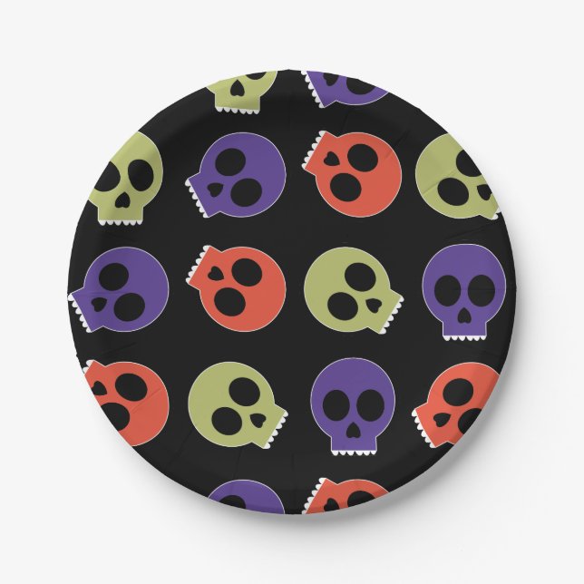Spooky Skulls Happy Halloween Paper Plates (Front)