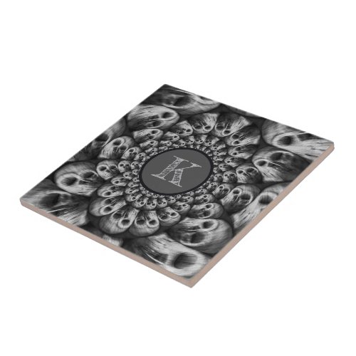 Spooky Skulls Monogram Black And White Abstract Ceramic Tile