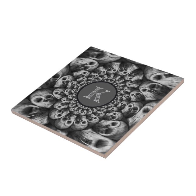 Spooky Skulls Monogram Black And White Abstract Ceramic Tile (Side)