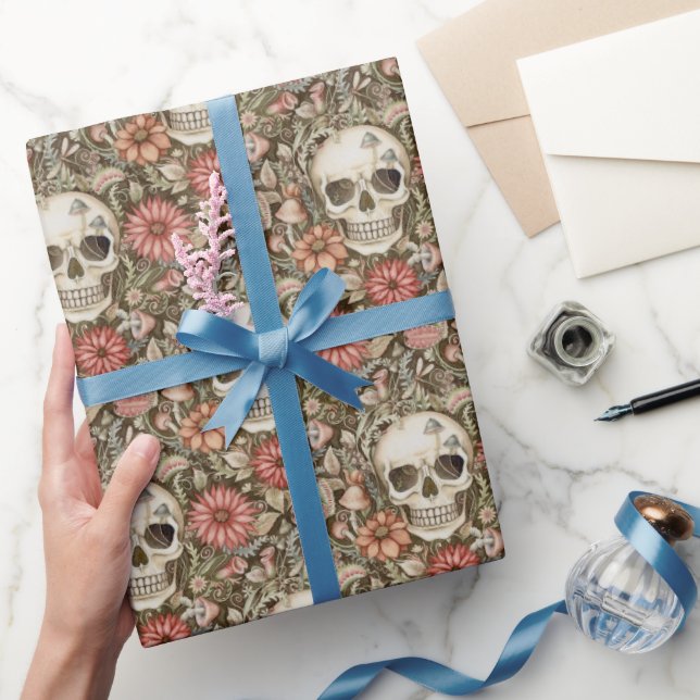 Spooky Skulls & Red Flowers Wrapping Paper (Gifting)