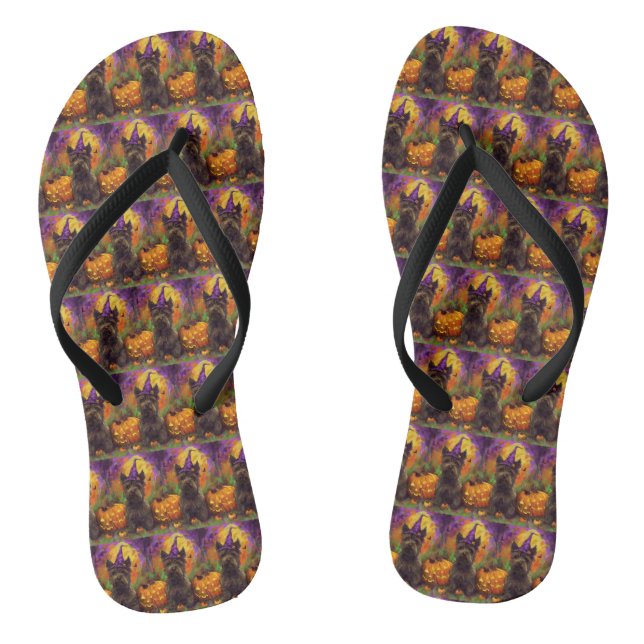 Spooky Skye Terrier Dog Halloween Witch Pumpkin Flip Flops (Footbed)