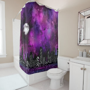 Spooky Skyline City Lights on Galaxy Sky Shower Curtain