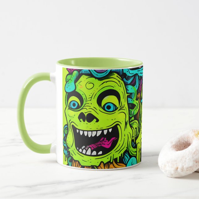 Spooky Slimy Green Monster Pattern Mug (With Donut)