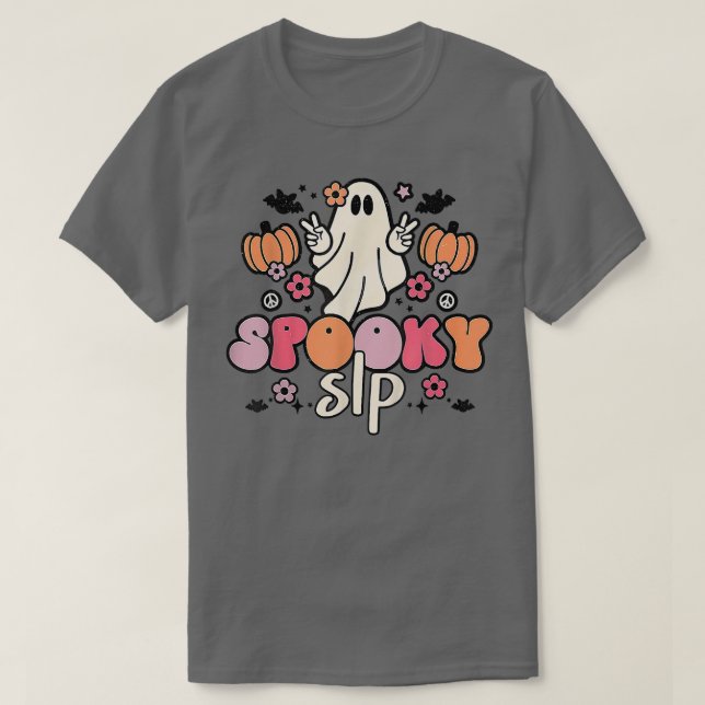 Spooky SLP Retro Groovy Halloween Speech Language  T-Shirt (Design Front)