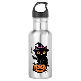 Spooky Sorcery: Black Cat on Pumpkin with Dagger Stainless Steel Water Bottle