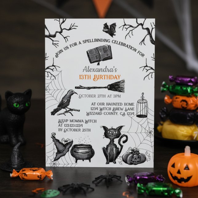 Spooky Spellbinding Halloween Birthday Party Invitation (Spooky Halloween Birthday Invitation in Orange and Black for Kids. Scary Pumpkin, Cat, Raven, Bats)