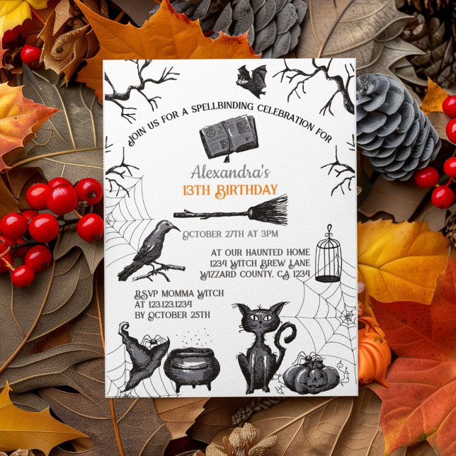 Spooky Spellbinding Halloween Birthday Party Invitation (Spooky Kids Halloween Party Invitation. Creepy Bats, Webs, Black Cat, Cauldron, Black Raven, Pumpkin)