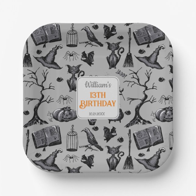 Spooky Spellbinding Halloween Birthday Party Paper Plates (Front)