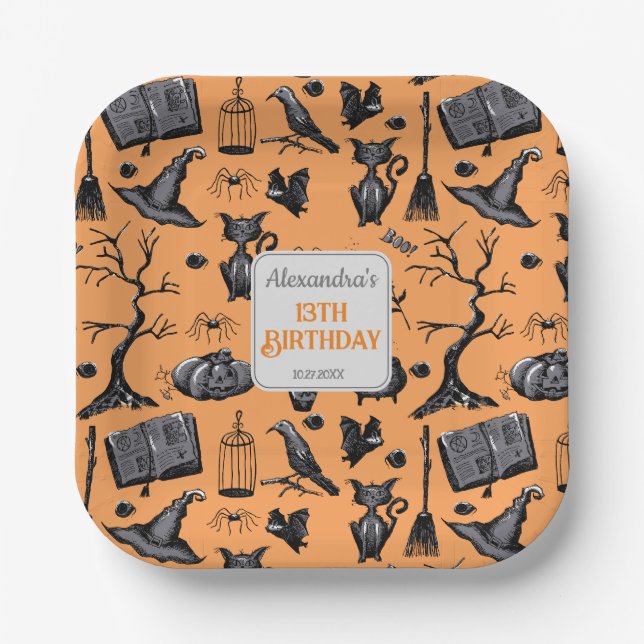 Spooky Spellbinding Halloween Birthday Party Paper Plates (Front)