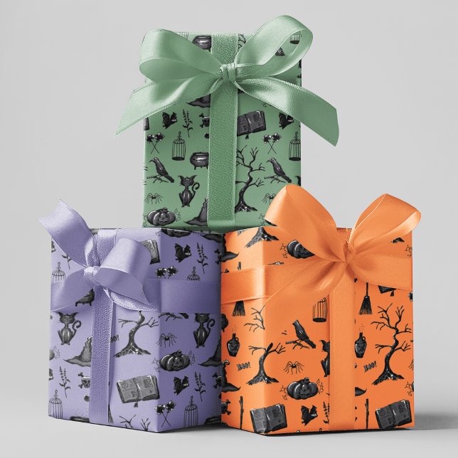 Spooky Spells Halloween Kids Birthday Party Wrapping Paper Sheets (Spooky Kids Halloween Wrapping Paper in Orange, Purple, Green. Pumpkin, Cat, Bat, Raven, Spellbook)