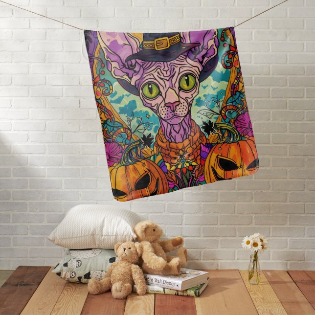 Spooky Sphynx Cat Halloween Witch And Pumpkin Baby Blanket (In Situ)