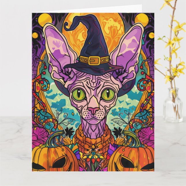Spooky Sphynx Cat Halloween Witch And Pumpkin Card (Yellow Flower)
