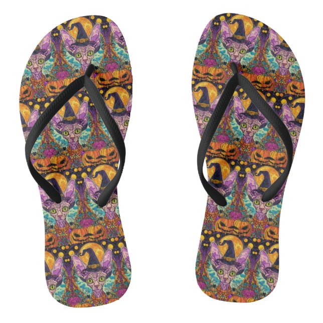 Spooky Sphynx Cat Halloween Witch And Pumpkin Flip Flops (Footbed)