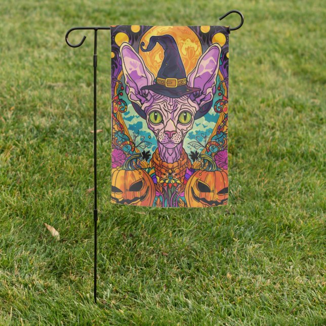 Spooky Sphynx Cat Halloween Witch And Pumpkin Garden Flag (In SItu)
