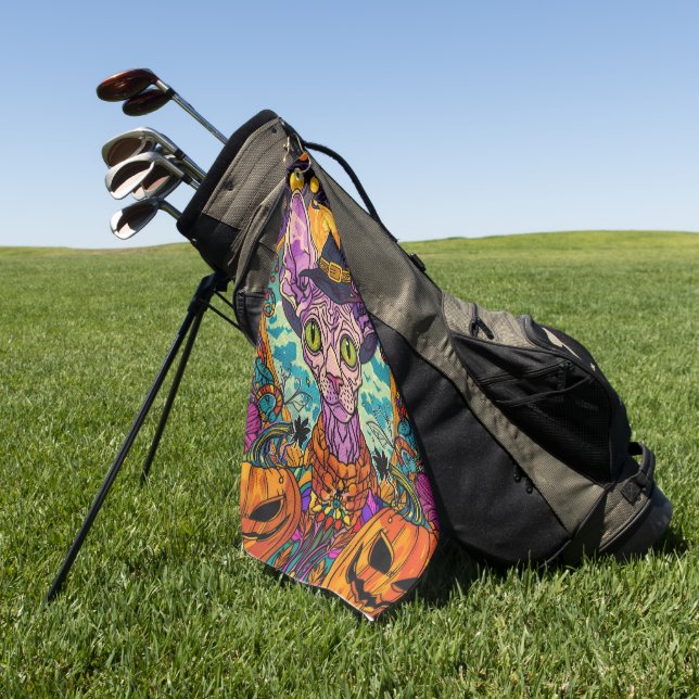 Spooky Sphynx Cat Halloween Witch And Pumpkin Golf Towel (Green)