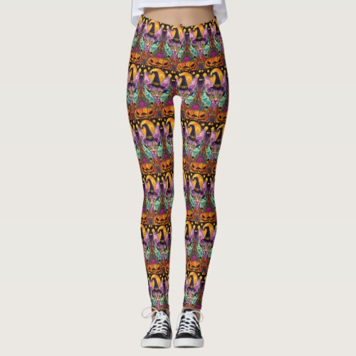 Spooky Sphynx Cat Halloween Witch And Pumpkin Leggings