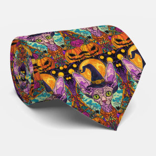 Spooky Sphynx Cat Halloween Witch And Pumpkin Neck Tie