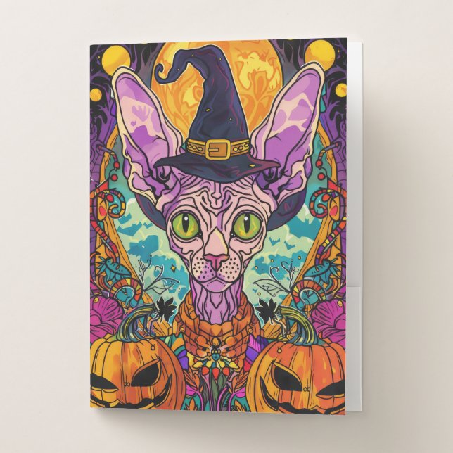 Spooky Sphynx Cat Halloween Witch And Pumpkin Pocket Folder (Front)