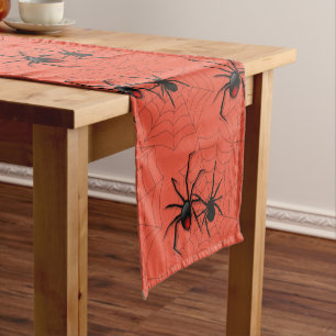 Spooky Spider and Web Orange Halloween Short Table Runner