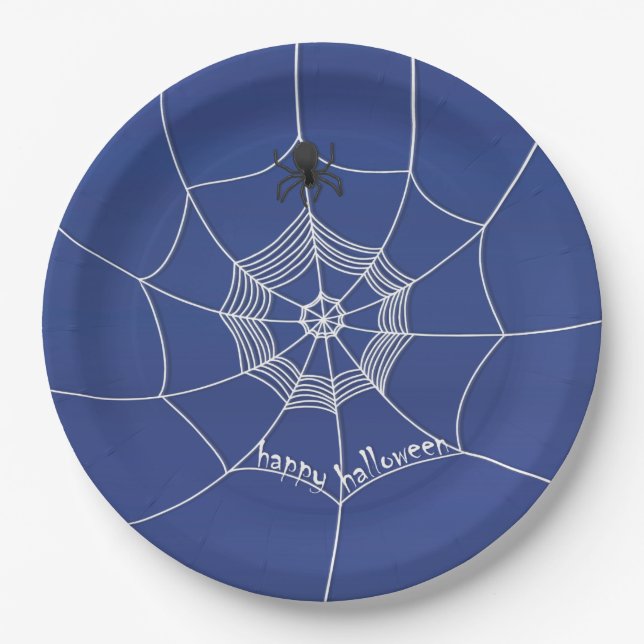 Spooky Spider spinning Happy Halloween Web Paper Plates (Front)