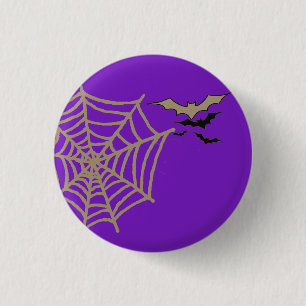 Spooky Spider Web, Bats Flying Halloween Slogan Button