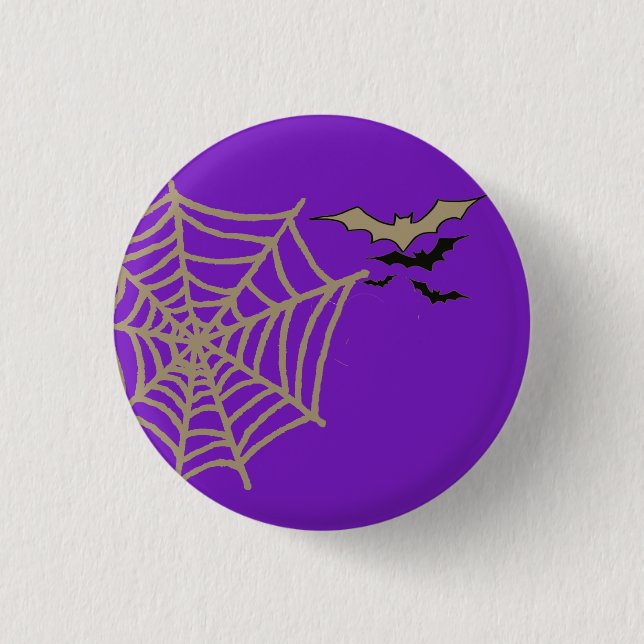 Spooky Spider Web, Bats Flying Halloween Slogan Button (Front)