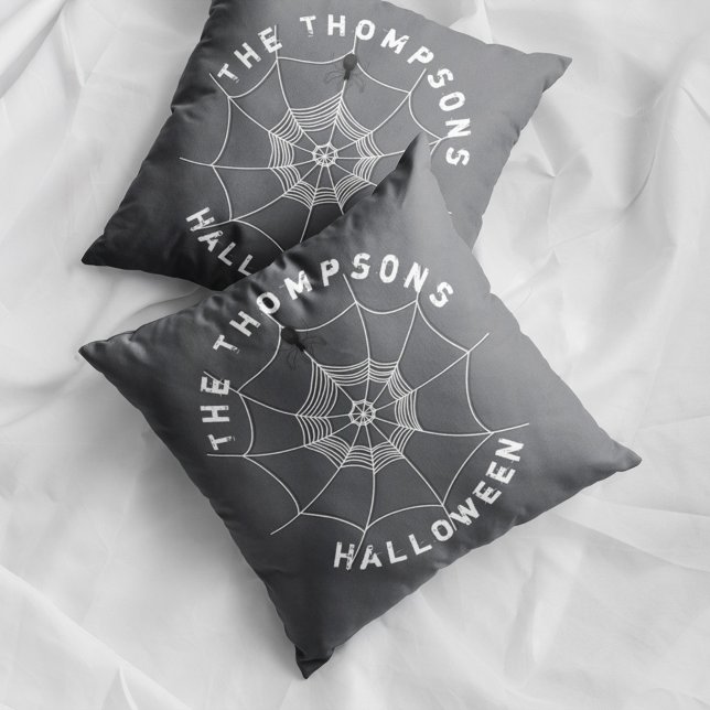 Spooky Spider Web Personalized Family Halloween Throw Pillow (Spooky spider web Halloween pillow with personalized family name and creepy spider decor.)