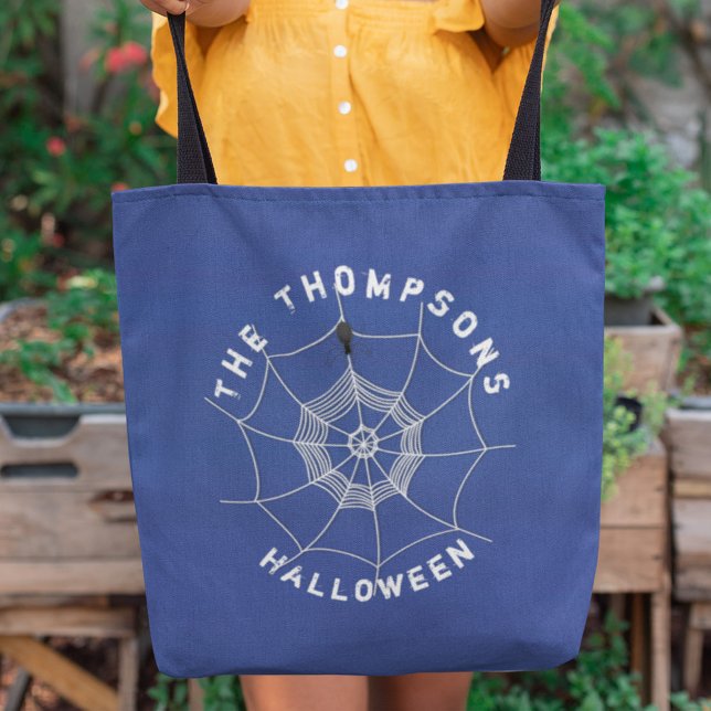 Spooky Spider Web Personalized Halloween Design Tote Bag (Spooky spider web Halloween tote bag with creepy spider design and personalized name.)
