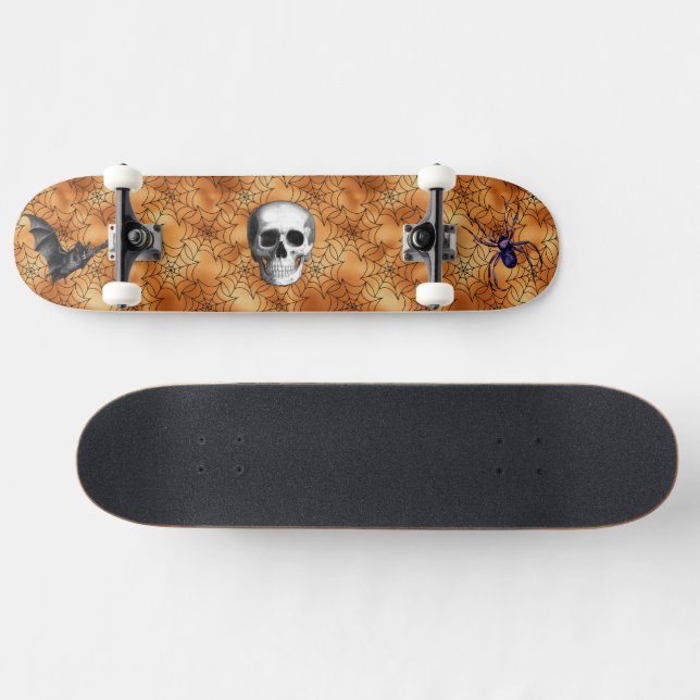 Spooky Spider Web, Spider, Bat and Skull  Skateboard (Horz)