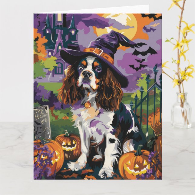 Spooky Springer Spaniel Halloween Witch Pumpkin  Card (Yellow Flower)