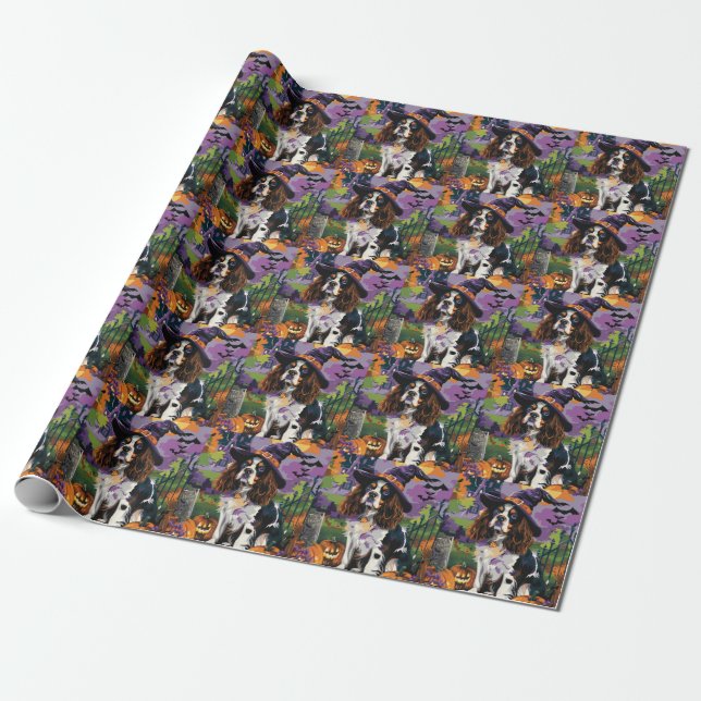 Spooky Springer Spaniel Halloween Witch Pumpkin  Wrapping Paper (Unrolled)