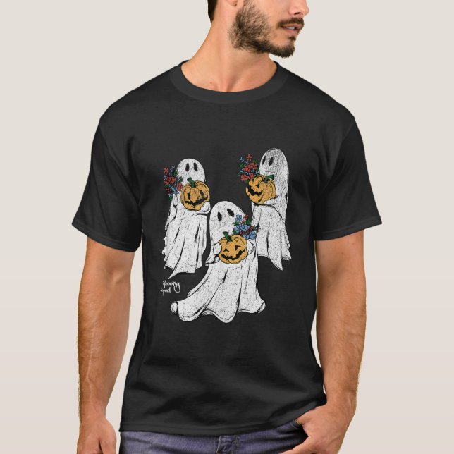 Spooky Squad Ghost Pumpkin Flowers Retro Cute Hall T-Shirt (Front)