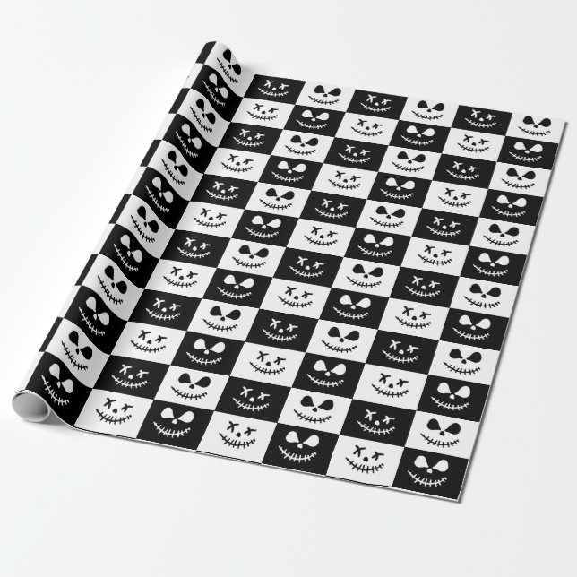 Spooky Stitch Face | Black & White Halloween Wrapping Paper (Unrolled)