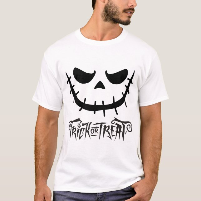 Spooky Stitched Smile Trick or Treat Black Graphic T-Shirt (Front)