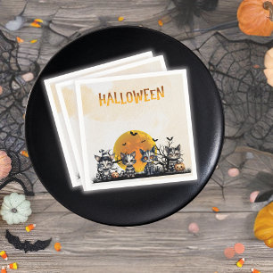 Spooky Striped Halloween Ghost Kittens Full Moon  Napkins