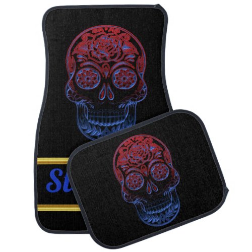 Spooky Sugar skull male with a blue red face Car Mat