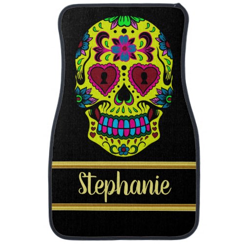 Spooky Sugar skull male with a yellow red face Car Mat