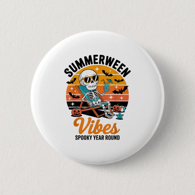Spooky Summer Beach Skeleton Funny Halloween Summe Button (Front)