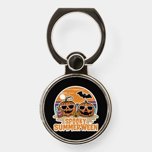 Spooky Summerween - pumpkins on the beach Phone Ring Stand (Front)