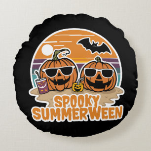 Spooky Summerween - pumpkins on the beach Round Pillow