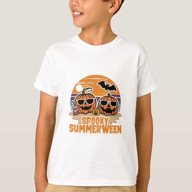 Spooky Summerween - pumpkins on the beach T-Shirt (Front)