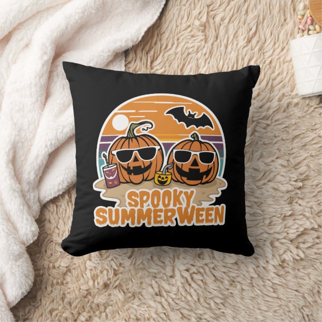 Spooky Summerween - pumpkins on the beach Throw Pillow (Blanket)