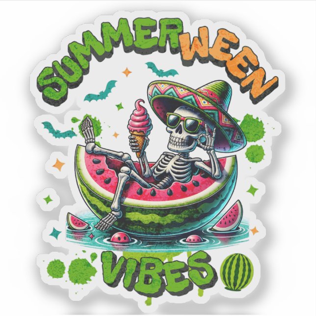 Spooky Summerween Skeleton Watermelon Float Funny Sticker (Front)