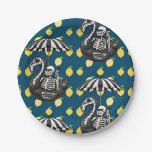 Spooky Summerween skeleton with lemons Paper Plates