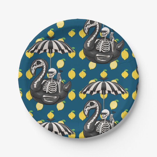 Spooky Summerween skeleton with lemons Paper Plates (Front)