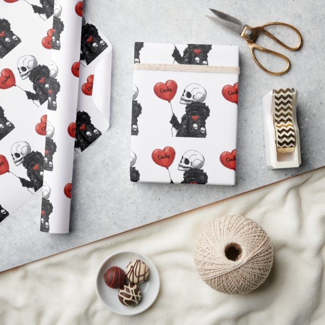 Spooky Sweetheart -Customizable Skull with Balloon Wrapping Paper (Crafts)