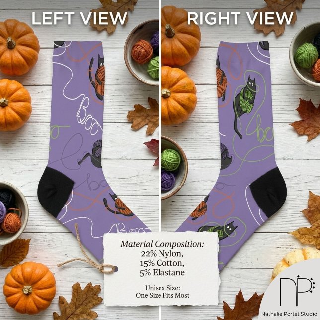 Spooky Tangled Kitty Halloween Socks (Hand drawn black cat and yarn seamless art socks with a chic noir aesthetic)