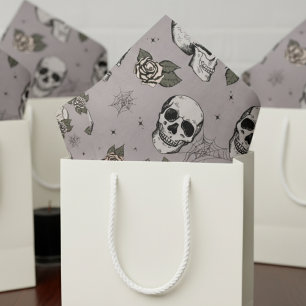 Spooky Taupe Gray Floral Small Skull Halloween Tissue Paper